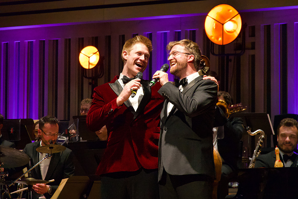Vocalists Callum Gillies and Max Fagandini performing with Down for the Count Swing Orchestra