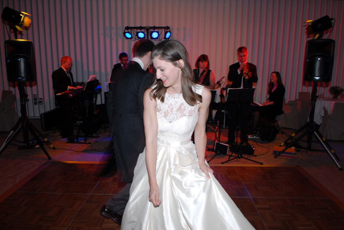 Swing band Down for the Count performing at Natalie & Andrew's Wedding Reception with Down for the Count at Coworth House, Berkshire.