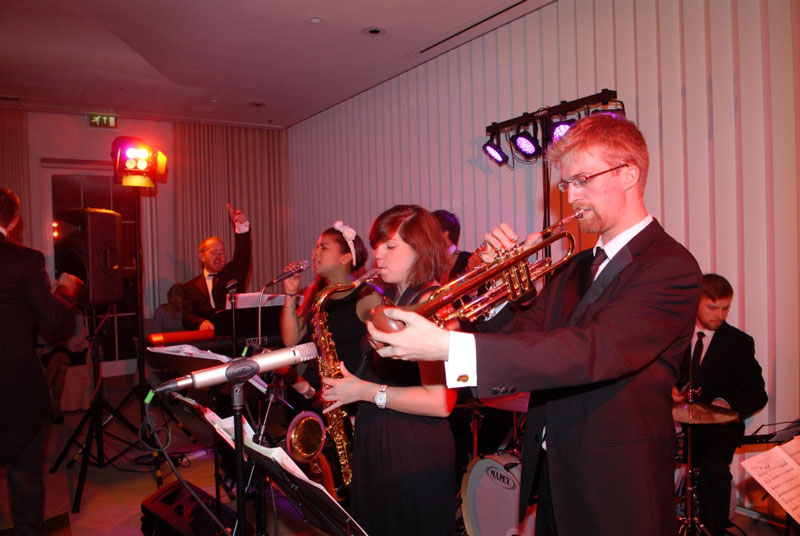 Swing band Down for the Count performing at Natalie & Andrew's Wedding Reception with Down for the Count at Coworth House, Berkshire.