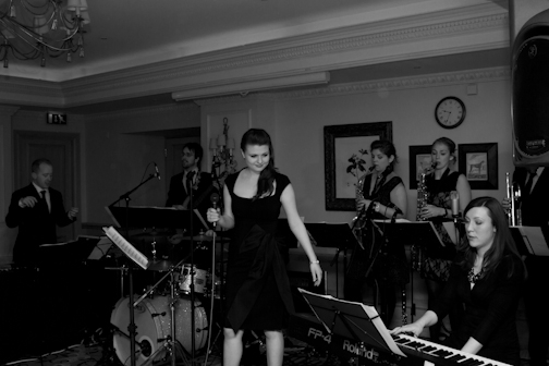 Rosalind & Oliver's Wedding Reception with Swing band Down for the Count at The Compleat Angler, Marlow-on-Thames, Buckinghamshire.  Photo courtesy of Brown Box Photography (www.brownboxphotography.co.uk).