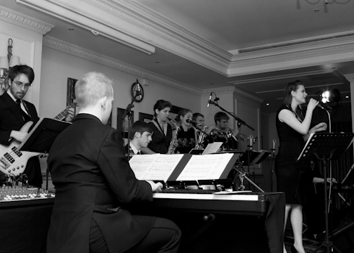 Rosalind & Oliver's Wedding Reception with Swing band Down for the Count at The Compleat Angler, Marlow-on-Thames, Buckinghamshire.  Photo courtesy of Brown Box Photography (www.brownboxphotography.co.uk).