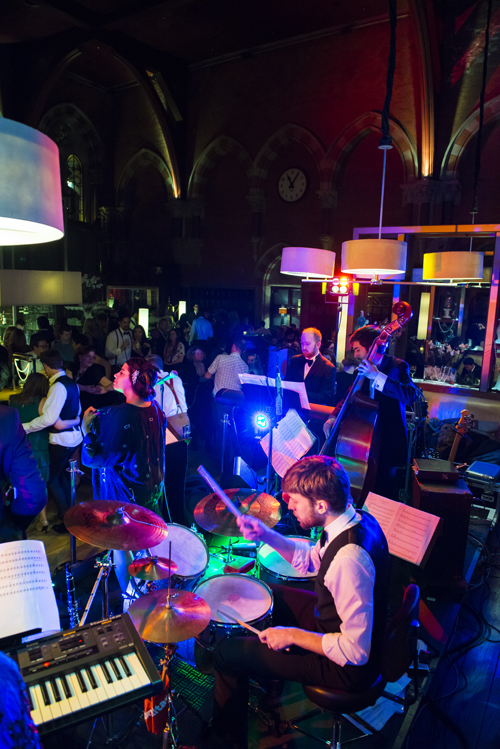Vintage Swing Band Down for the Count performing at a 1920s themed event at the Booking Office, St Pancras Renaissance Hotel, New Year's Eve 2014.  Photos courtesy of the Booking Office and Marius Bukis (www.mbphotos.eu).