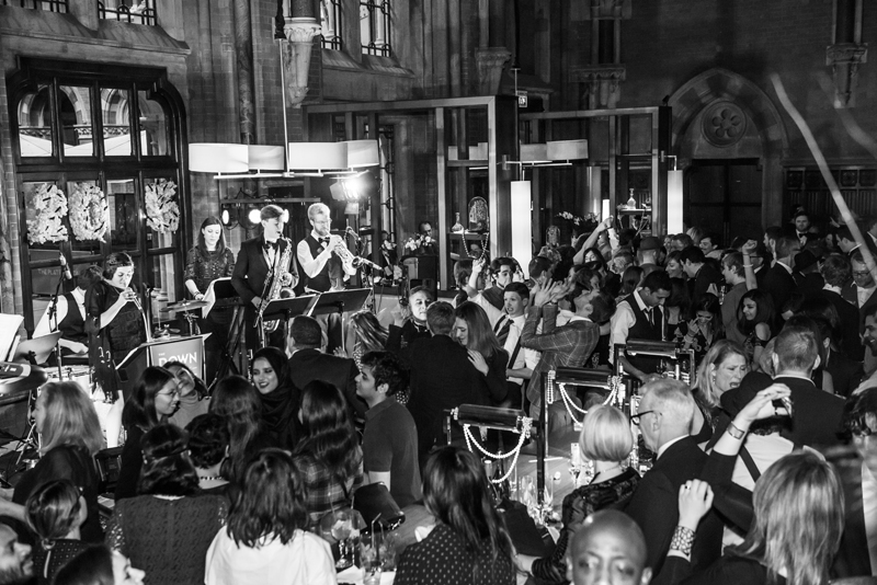 Vintage Swing Band Down for the Count performing at a 1920s themed event at the Booking Office, St Pancras Renaissance Hotel, New Year's Eve 2014.  Photos courtesy of the Booking Office and Marius Bukis (www.mbphotos.eu).
