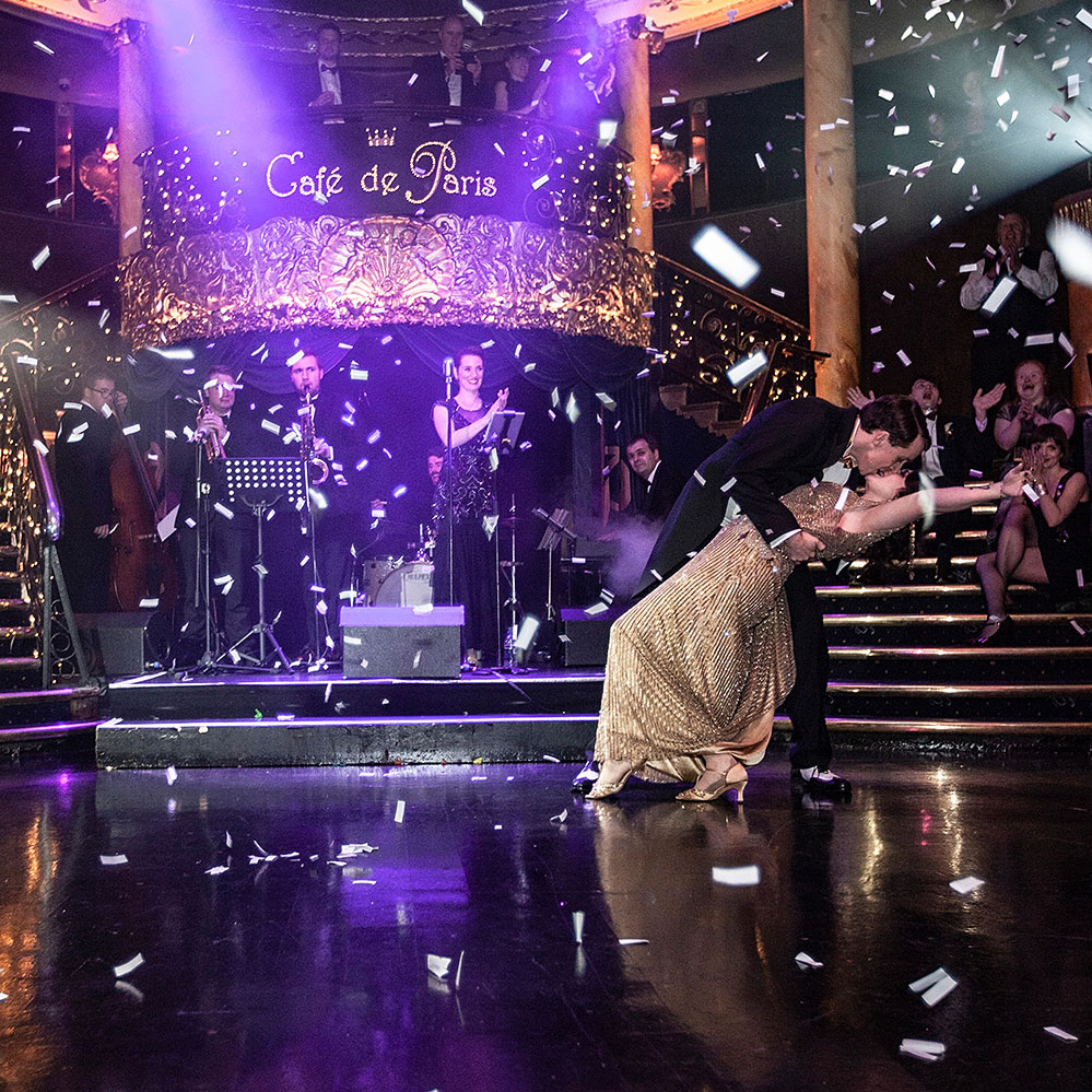 Down for the Count's swing, soul and pop function band performing at a wedding reception at Cafe de Paris in London