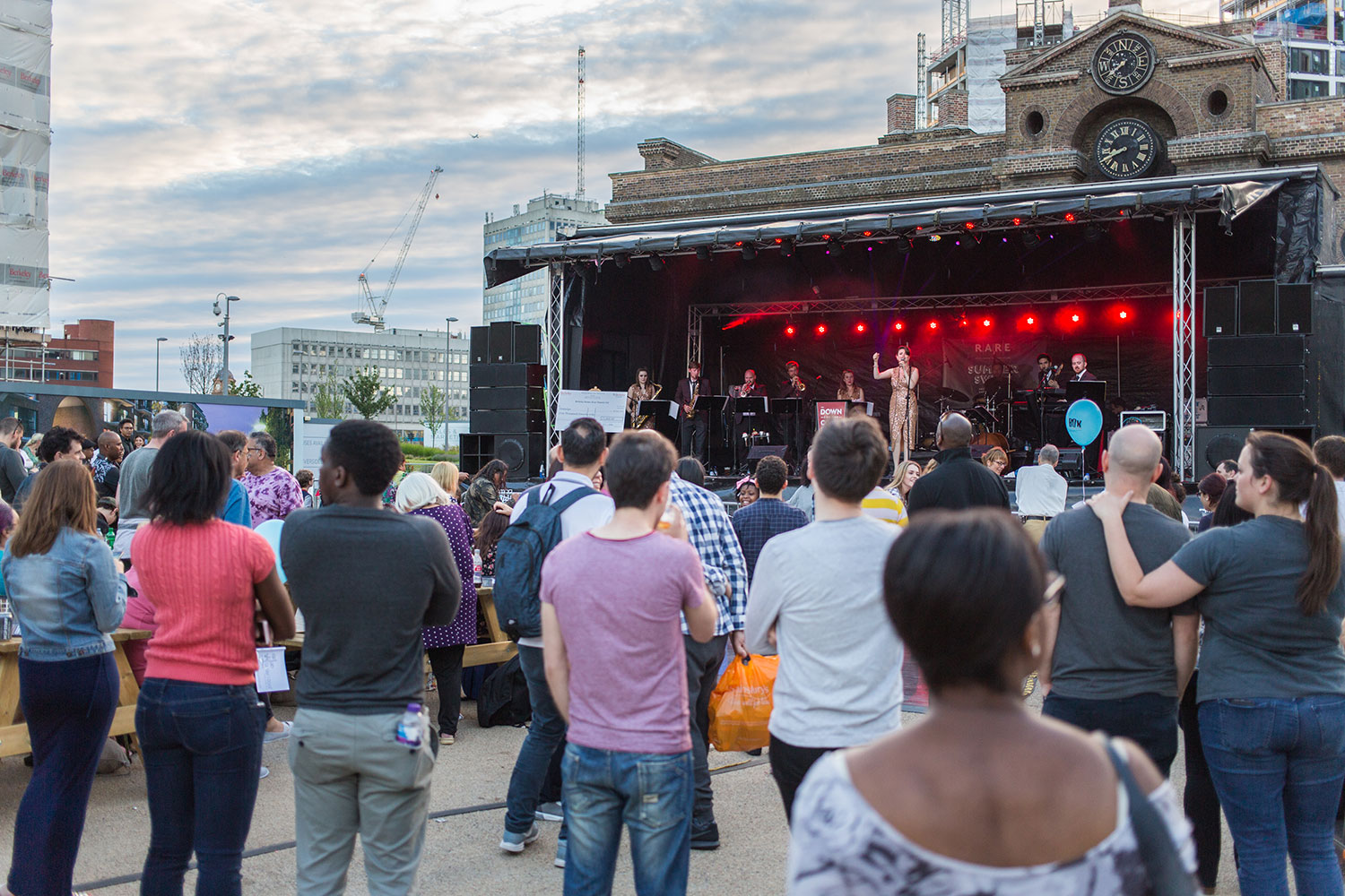 Down for the Count performing live swing music for a free, outdoor pop-up festival in Woolwich Arsenal