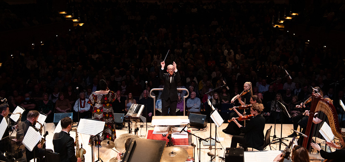 Conductor Mike Paul-Smith with the Down for the Count Orchestra at Glasgow Royal Concert Hall