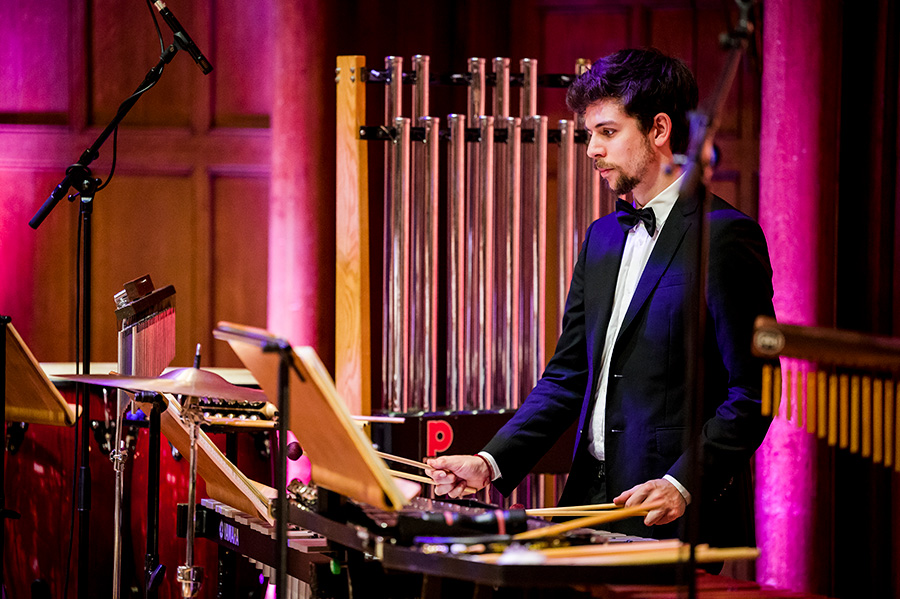 Percussionist Jordan Murray performing with Down for the Count Orchestra