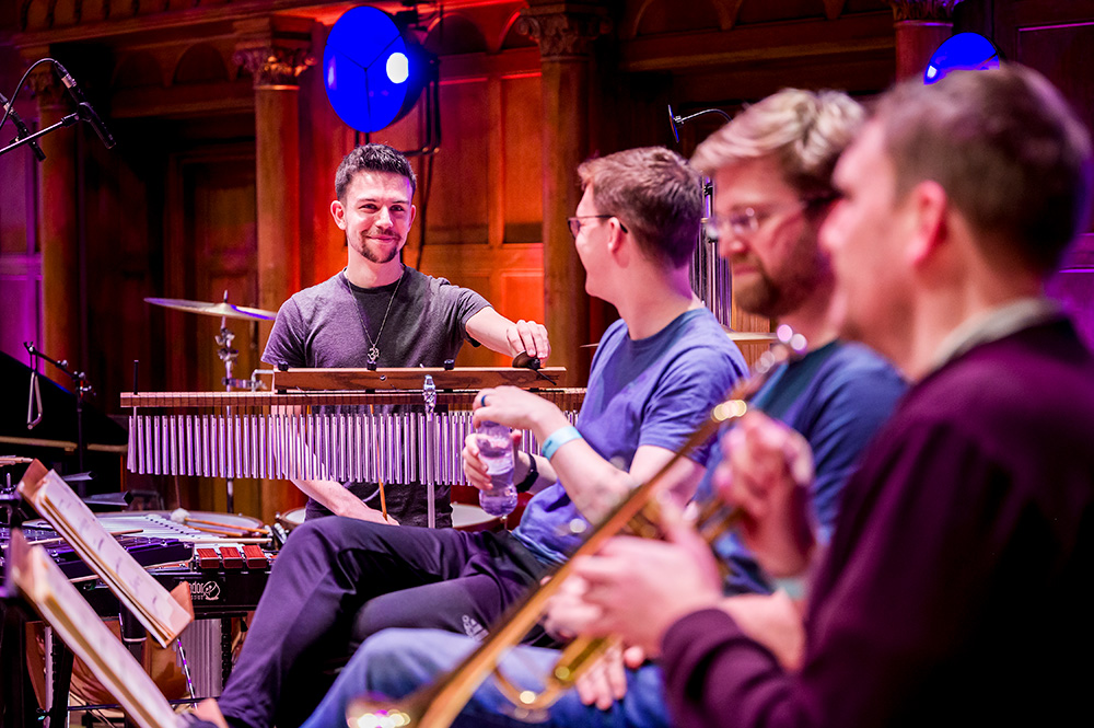 Percussionist Jordan Murray performing with Down for the Count Orchestra