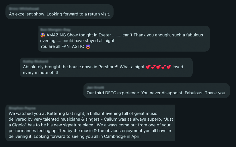 Audience feedback from Down for the Count's A Century of Swing tour