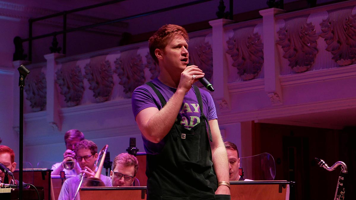 Vocalist Callum Gillies in rehearsal with Down for the Count Swing Orchestra at Cadogan Hall, London