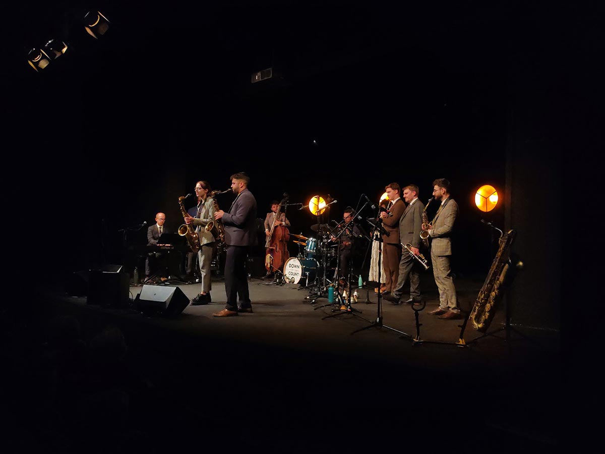 Alex Clarke and Jack Perry-Cockings (saxophones) playing with Down for the Count All-Stars