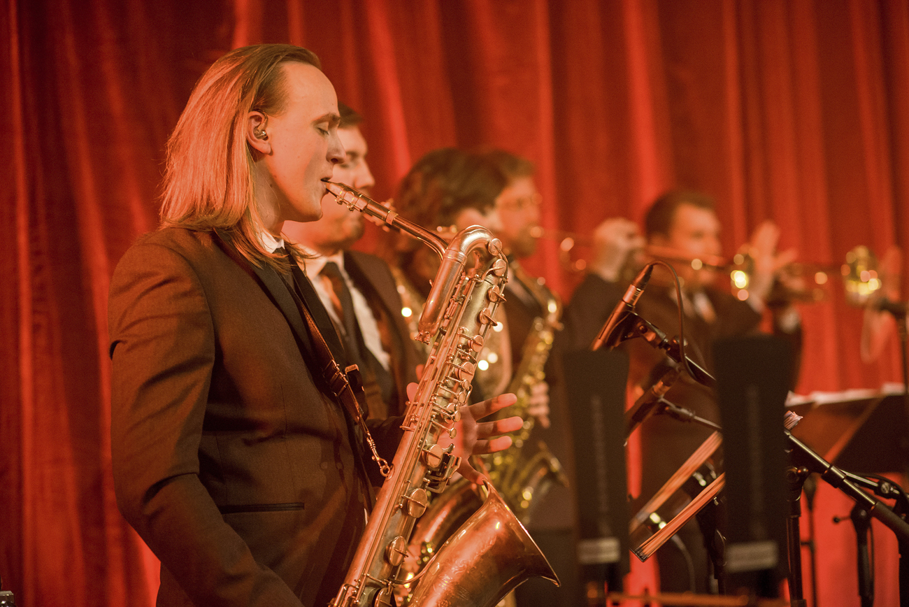 Horn section with live band Down for the Count at The Tabernacle, Notting Hill - baritone saxophone function band, trumpet