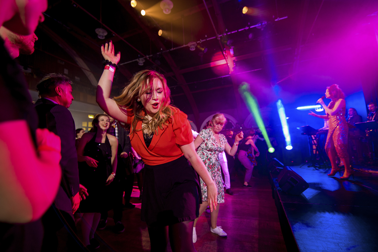 Guests dancing to live band Down for the Count at The Tabernacle, Notting Hill, London
