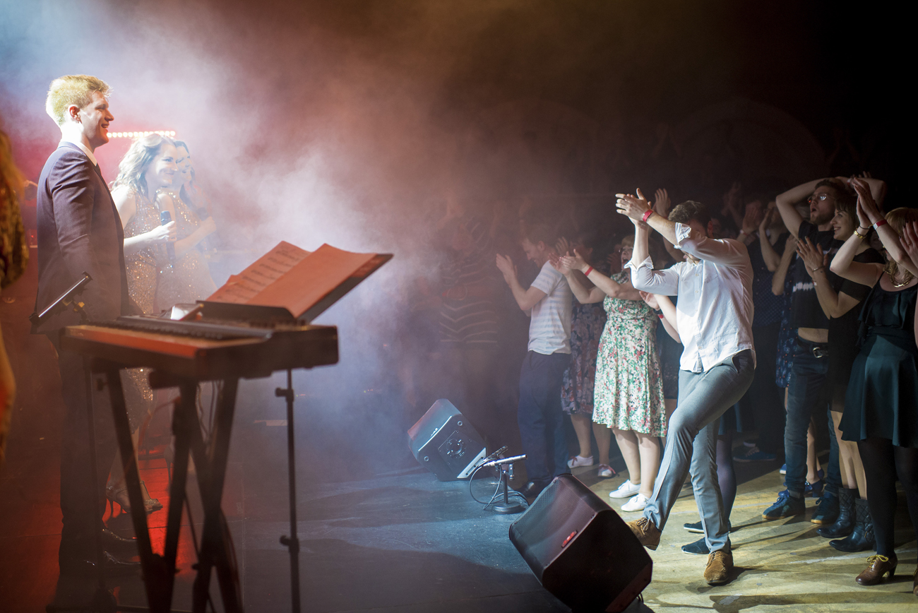 Audience dancing to live wedding band Down for the Count at The Tabernacle, Notting Hill, London