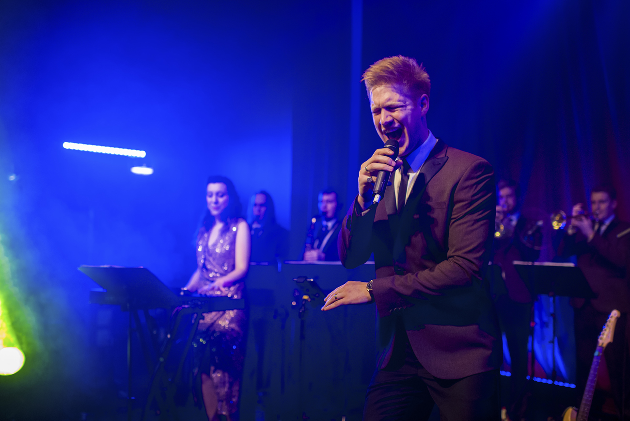 Vocalist Callum Gillies performing with live band Down for the Count at The Tabernacle, Notting Hill, London